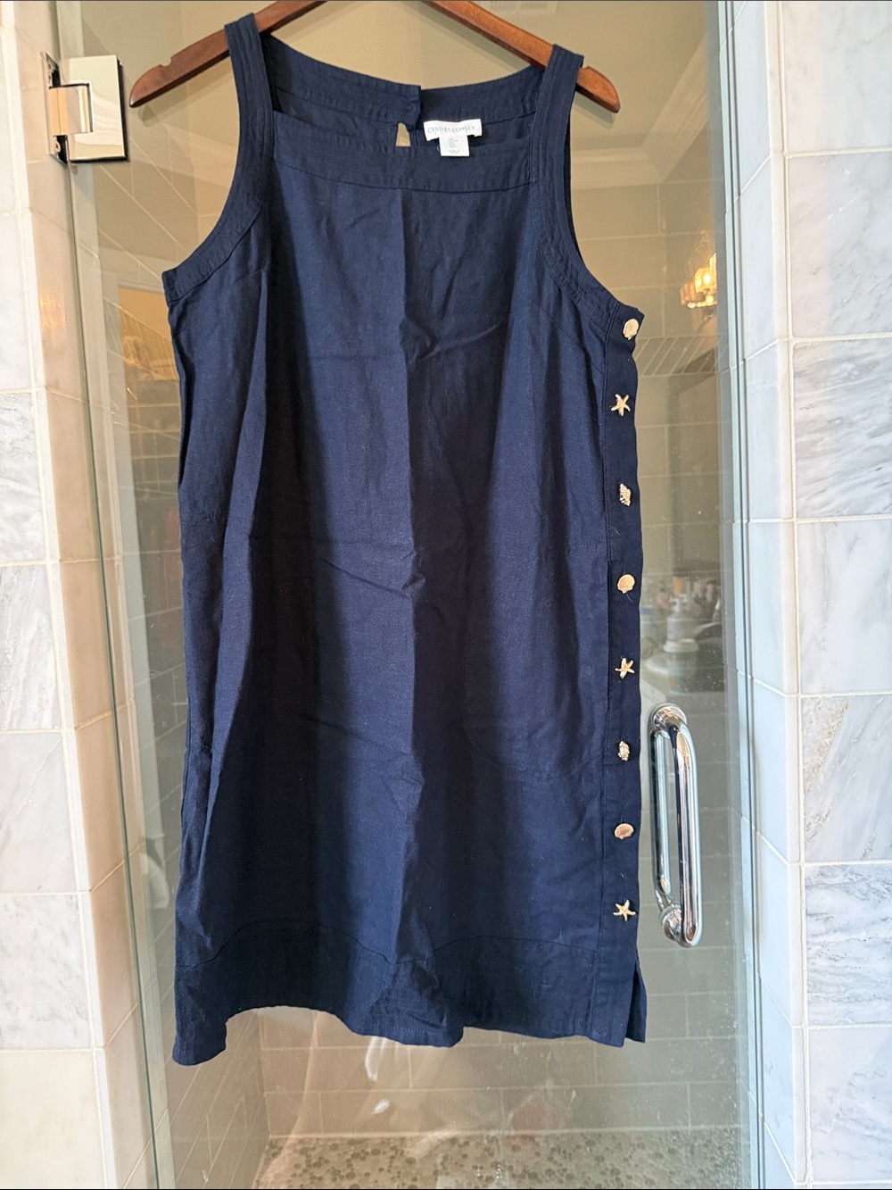 Cynthia Rowley Navy Sleeveless Linen Midi Dress with Side Shell Buttons L